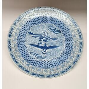 Oriental Accent Blue & White Flying Crane Wave Pattern 16" Large Decor Platter